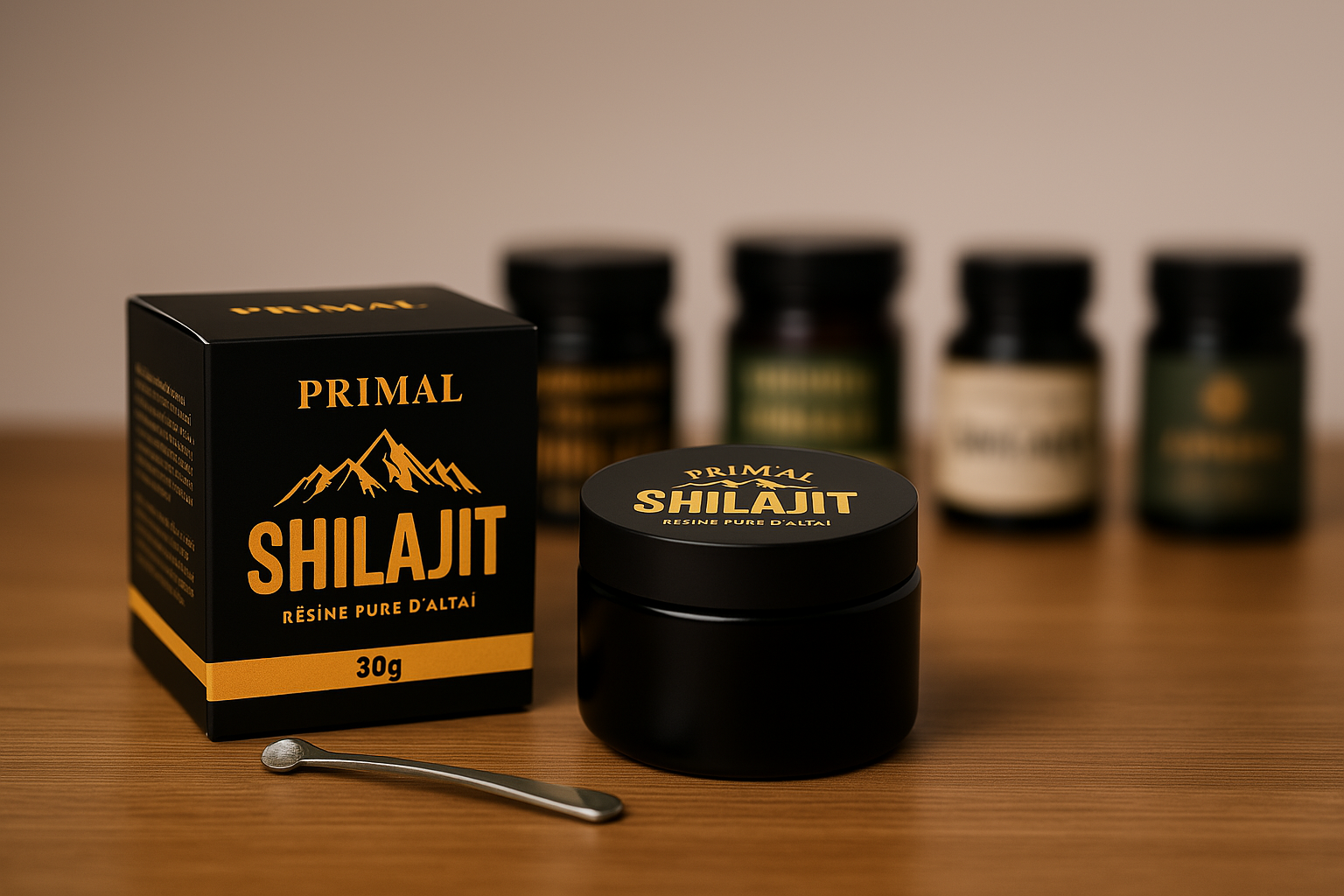 Black jar and box of Primal Shilajit on a wooden surface.