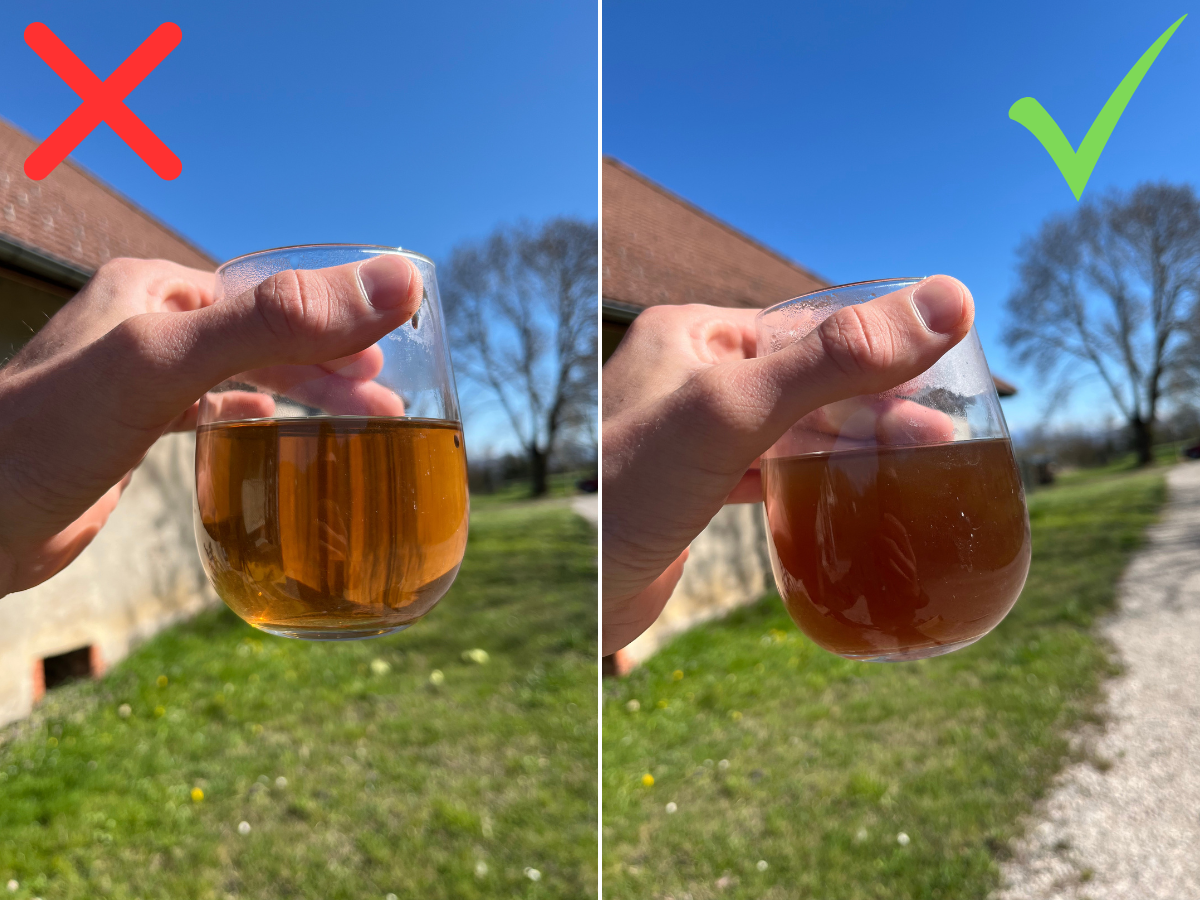 Two glasses of liquid, one with a red cross, the other with a green check.