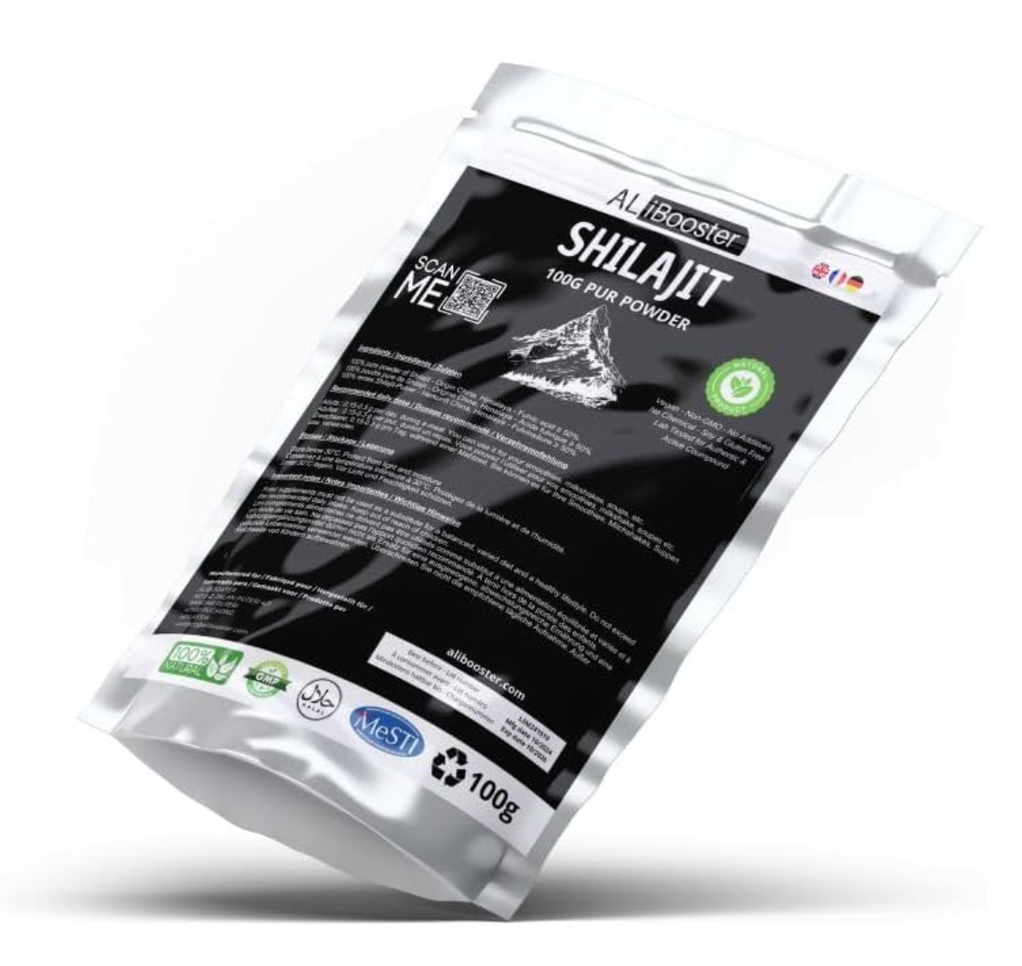 Black and white packaging of Shilajit powder with text and logos.