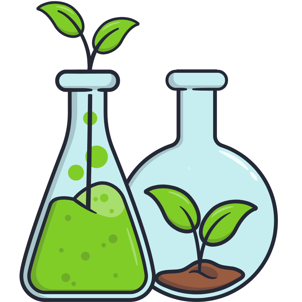 Illustration of plants growing in laboratory flasks.