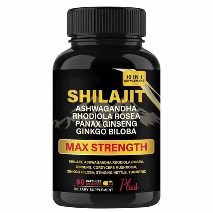 Black bottle of Shilajit dietary supplement with various herbal ingredients listed.