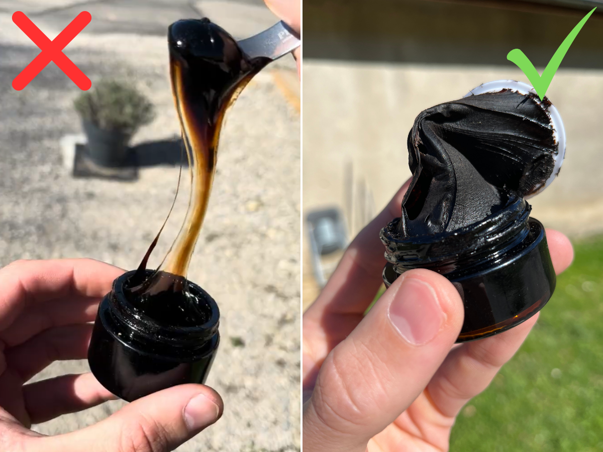 Two jars of black substance, one sticky with a red X, one smooth with a green check.