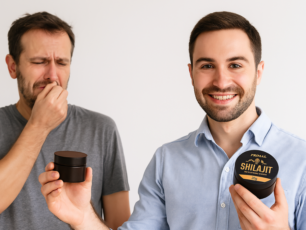 Two men holding containers, one smiling, the other grimacing.