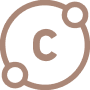 A light brown icon of a central circle with the letter C, orbited by two smaller circles.