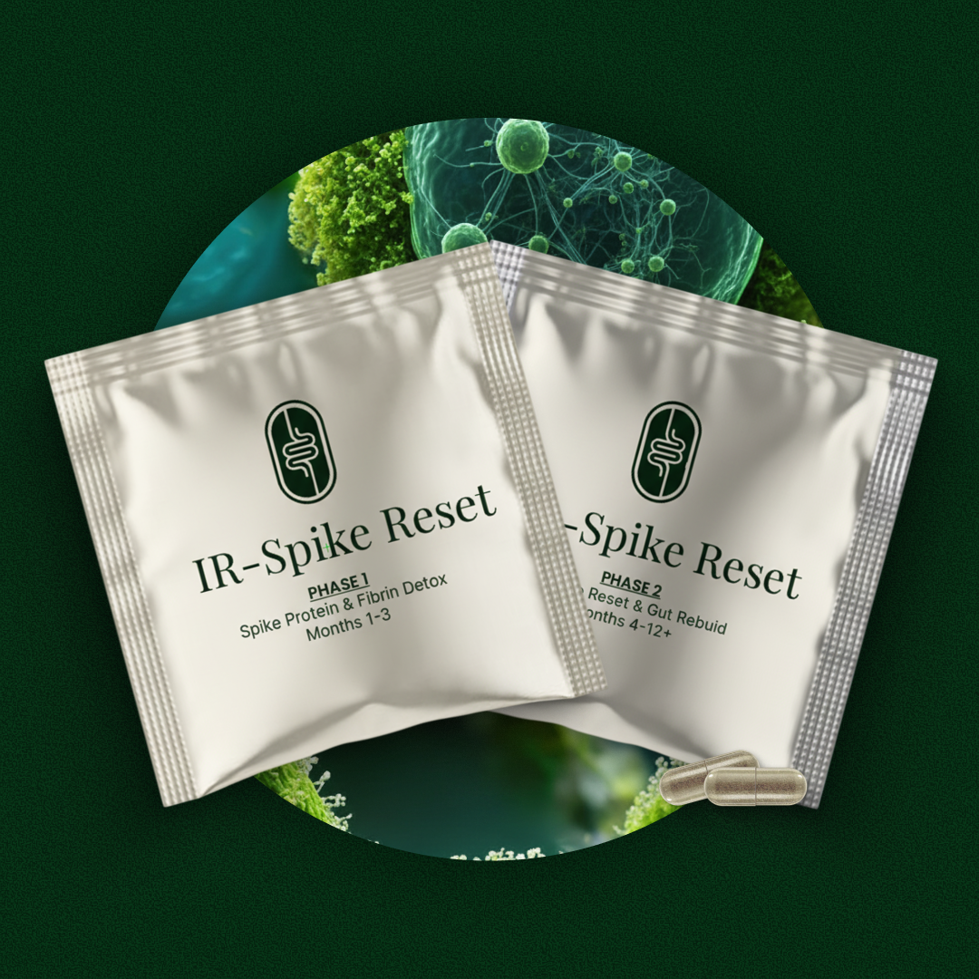 Two IR-Spike Reset packets and capsules, with a green background.