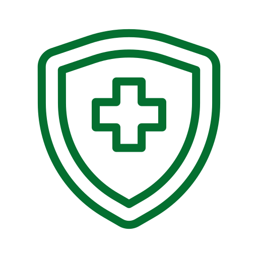 Green shield with a medical cross icon.