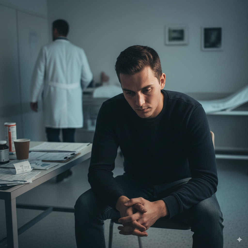Man sitting pensively in doctor's office, with doctor walking away.