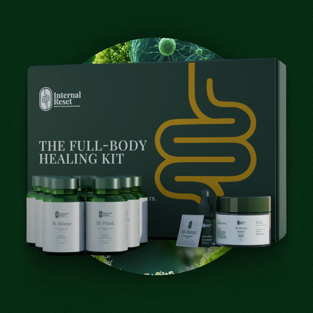 Full-body healing kit with bottles and containers against a green background.