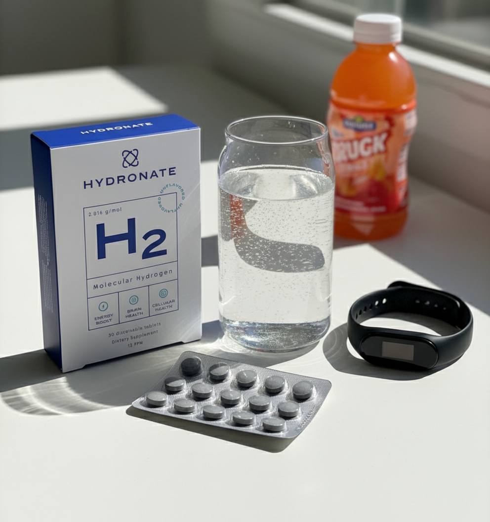 Box of H2 tablets, glass of water, orange juice, and fitness tracker on a table.
