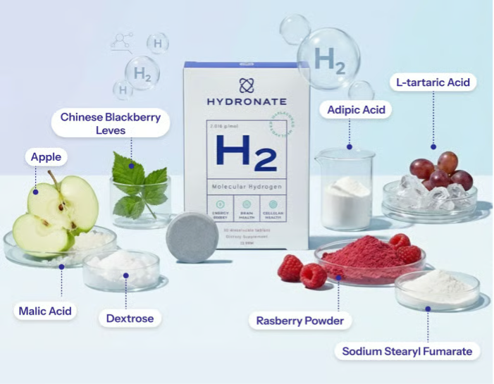 A box of Hydronate H2 tablets surrounded by its various labeled ingredients like fruits and powders.