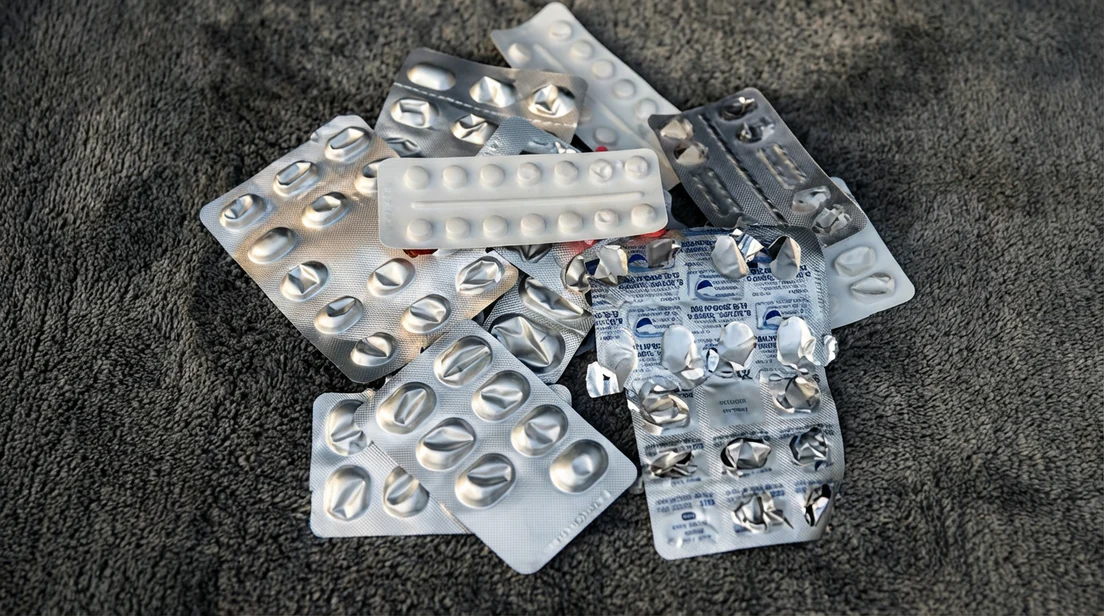A pile of empty silver and white medication blister packs on a gray textured surface.