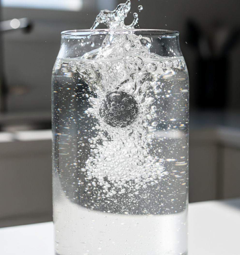 Blackberry splashing into a glass of water, creating bubbles.