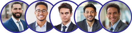 A row of five circular headshots of diverse professional men smiling.
