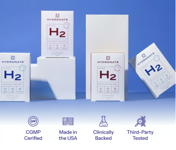 Boxes of Hydronate H2 Molecular Hydrogen supplements displayed on white blocks, with certification icons underneath.