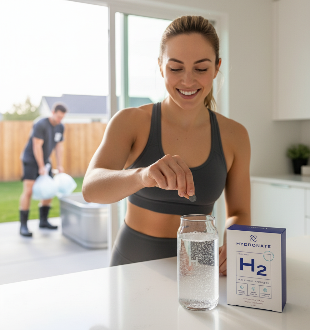 Woman smiling, adding a tablet to a glass of water, with a box labeled H2 nearby.