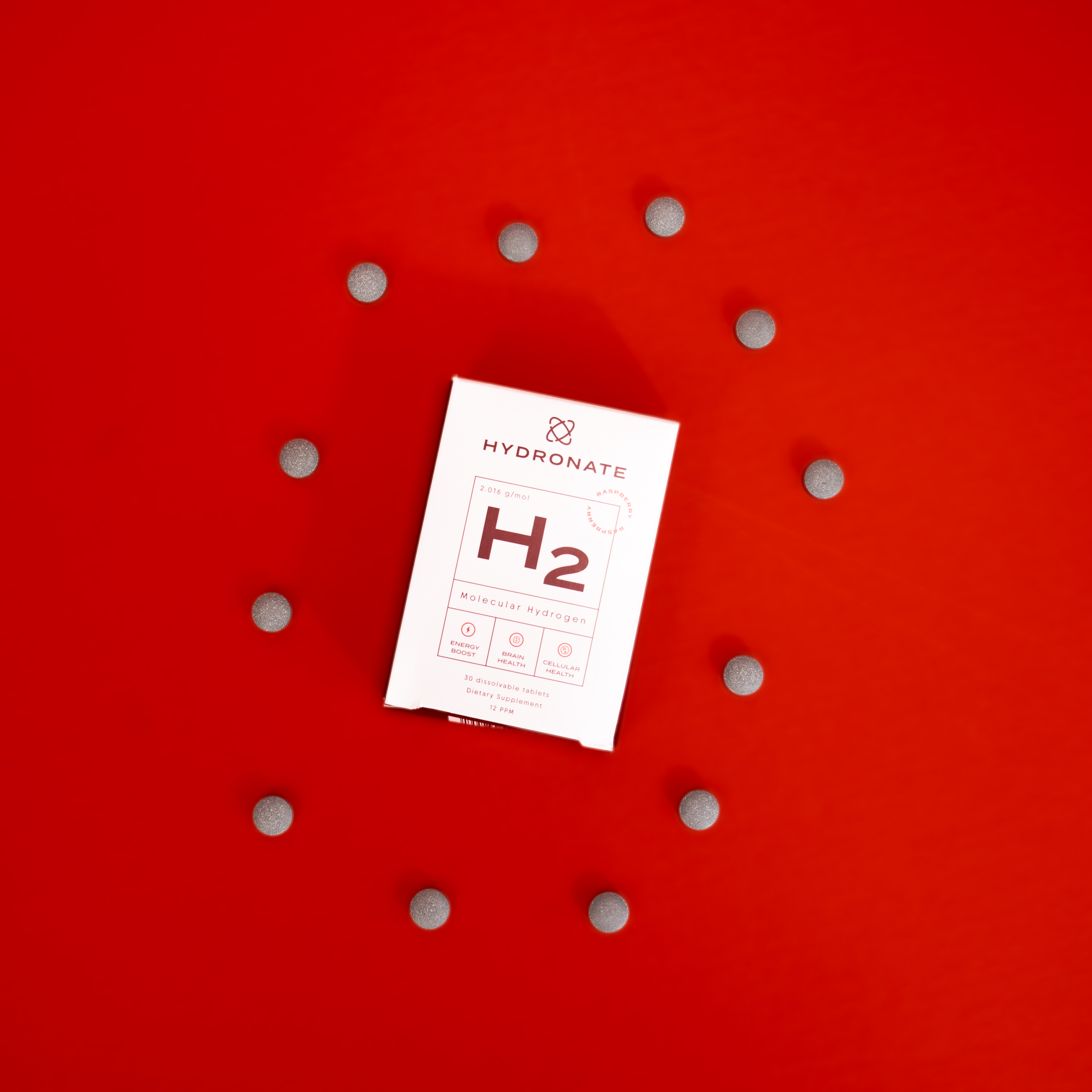 Box labeled H2 with tablets in a circle on red background.