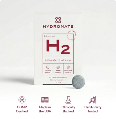 A box of Hydronate H2 Molecular Hydrogen dietary supplement with a single gray tablet beside it.