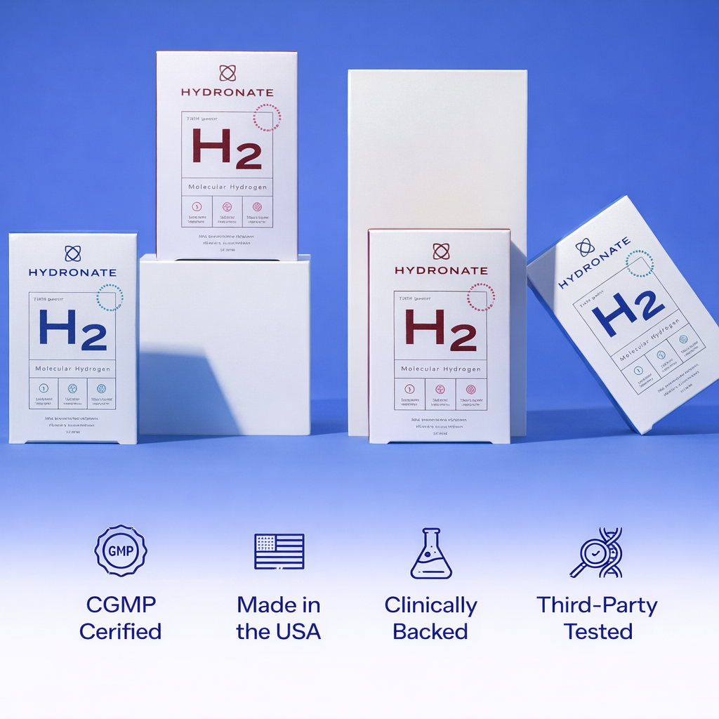 Boxes of Hydronate Molecular Hydrogen on white blocks with certification icons like 'Made in the USA' below.