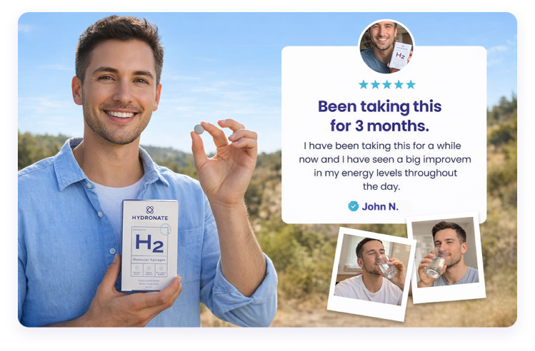 A man holds a box of Hydronate H2 tablets next to a customer testimonial with photos.