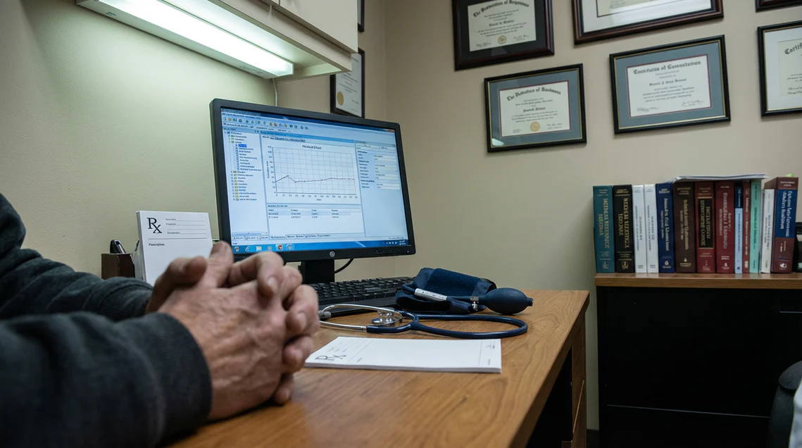 A person's clasped hands on a wooden desk in a doctor's office with medical equipment and a computer.