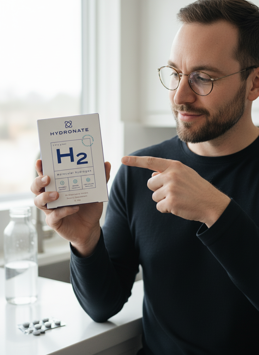 Person pointing at a box labeled 'H2 Molecular Hydrogen' near a window.