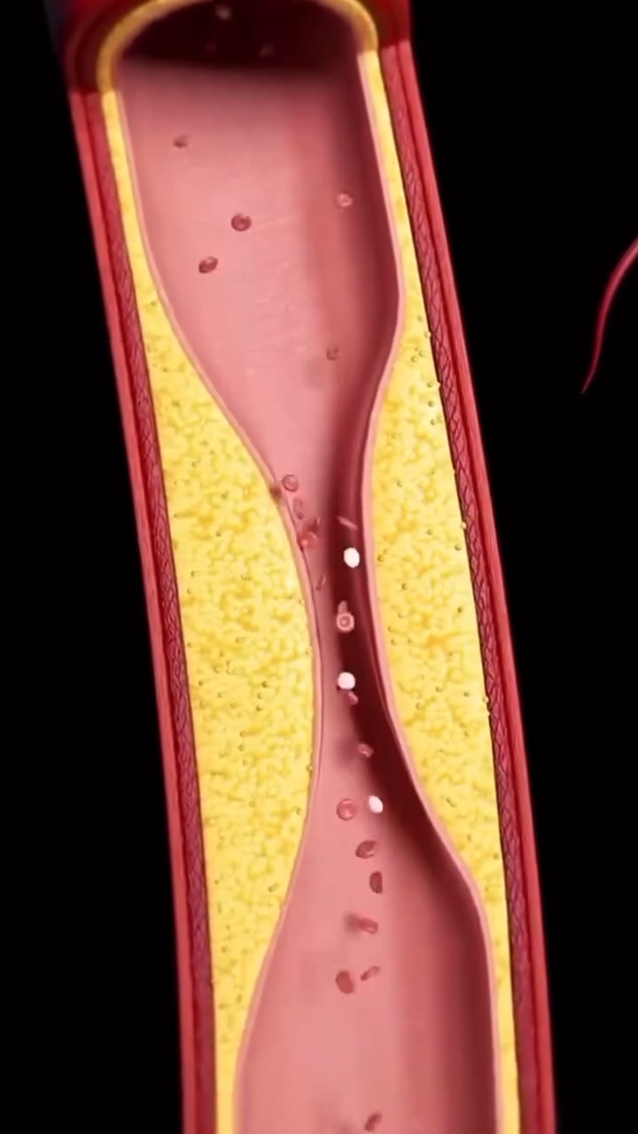 A medical illustration showing plaque buildup narrowing an artery, restricting the flow of blood cells.