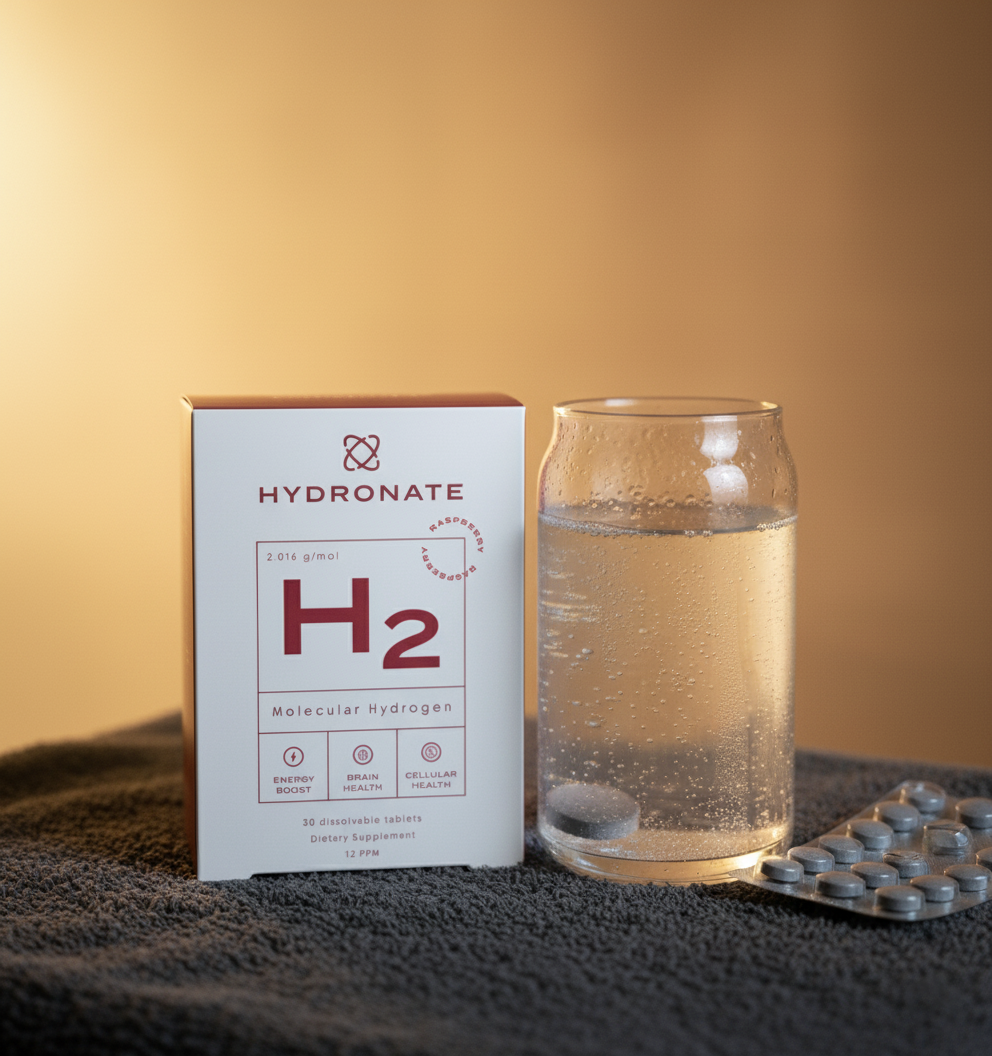 Box labeled 'H2' beside a glass of water and tablets on fabric.