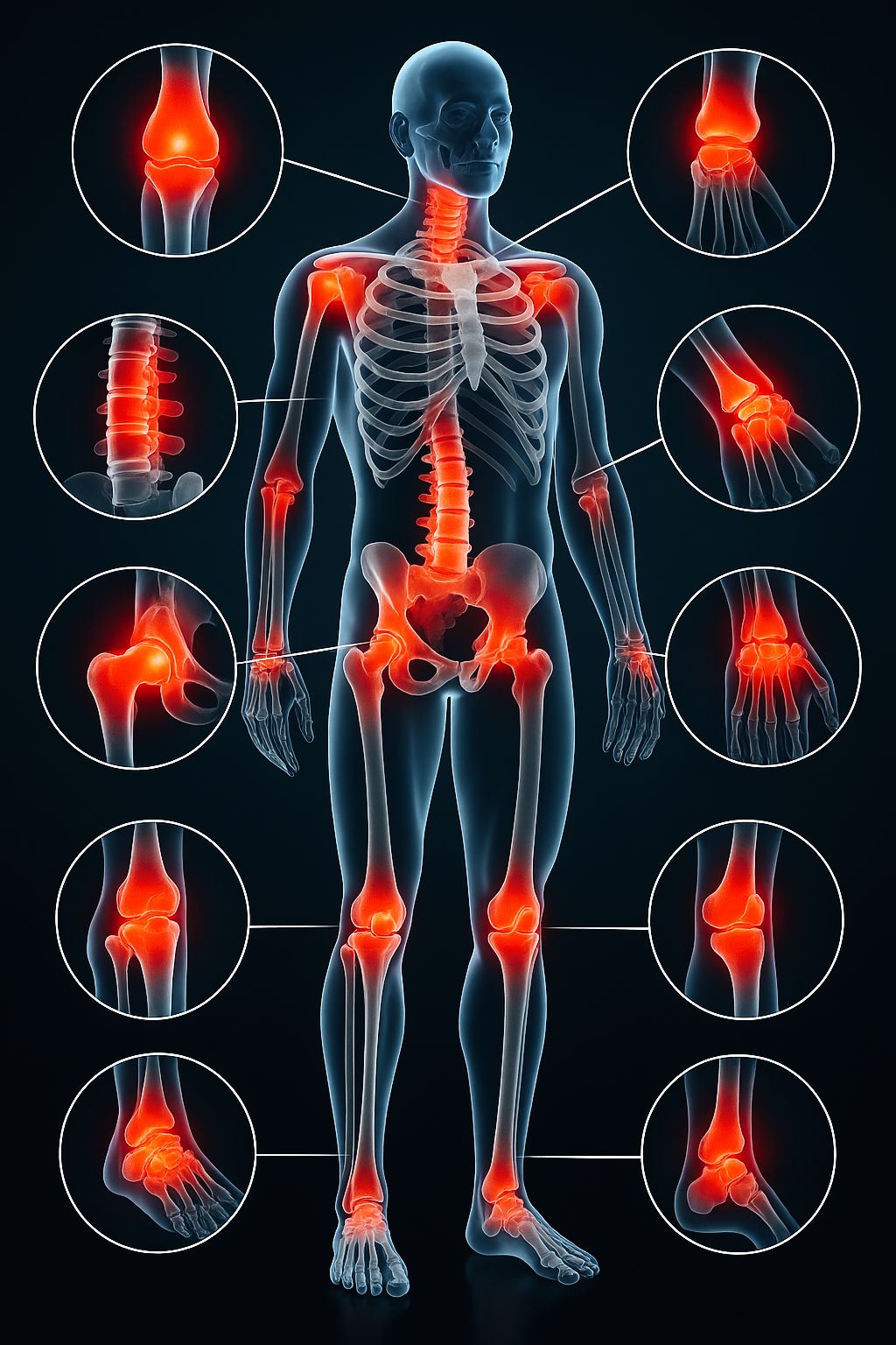 Anatomical illustration of a human skeleton with various joints highlighted in red to show pain or inflammation.