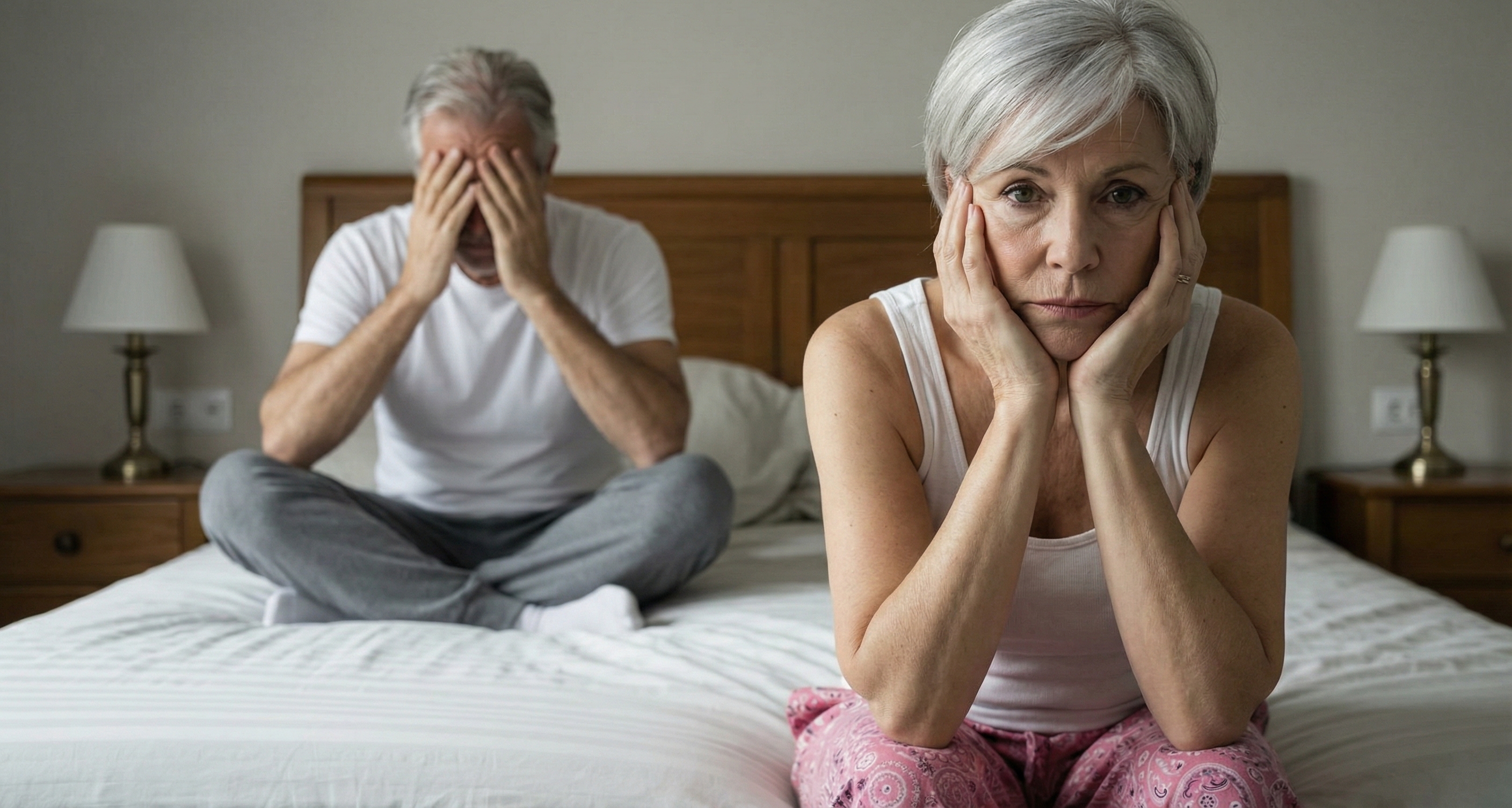 An older couple looks upset while sitting apart on a bed in a bedroom.