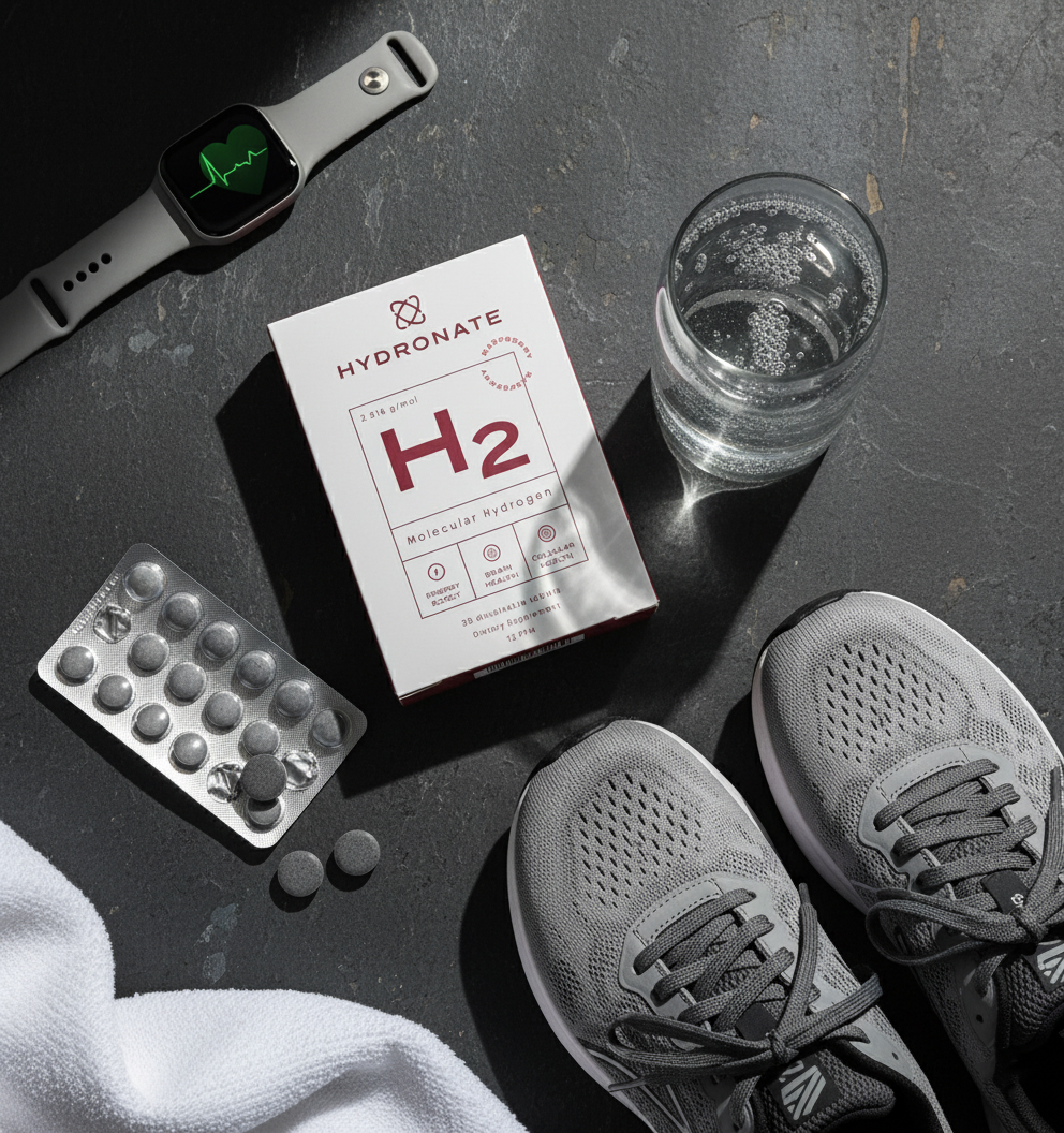 Box of H2 tablets, fitness watch, pills, water glass, sneakers, and towel on a dark surface.