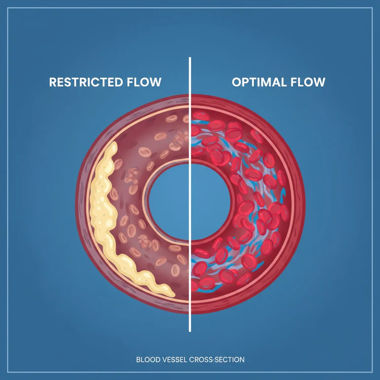 A medical illustration comparing a blood vessel with restricted flow due to plaque and one with optimal flow.