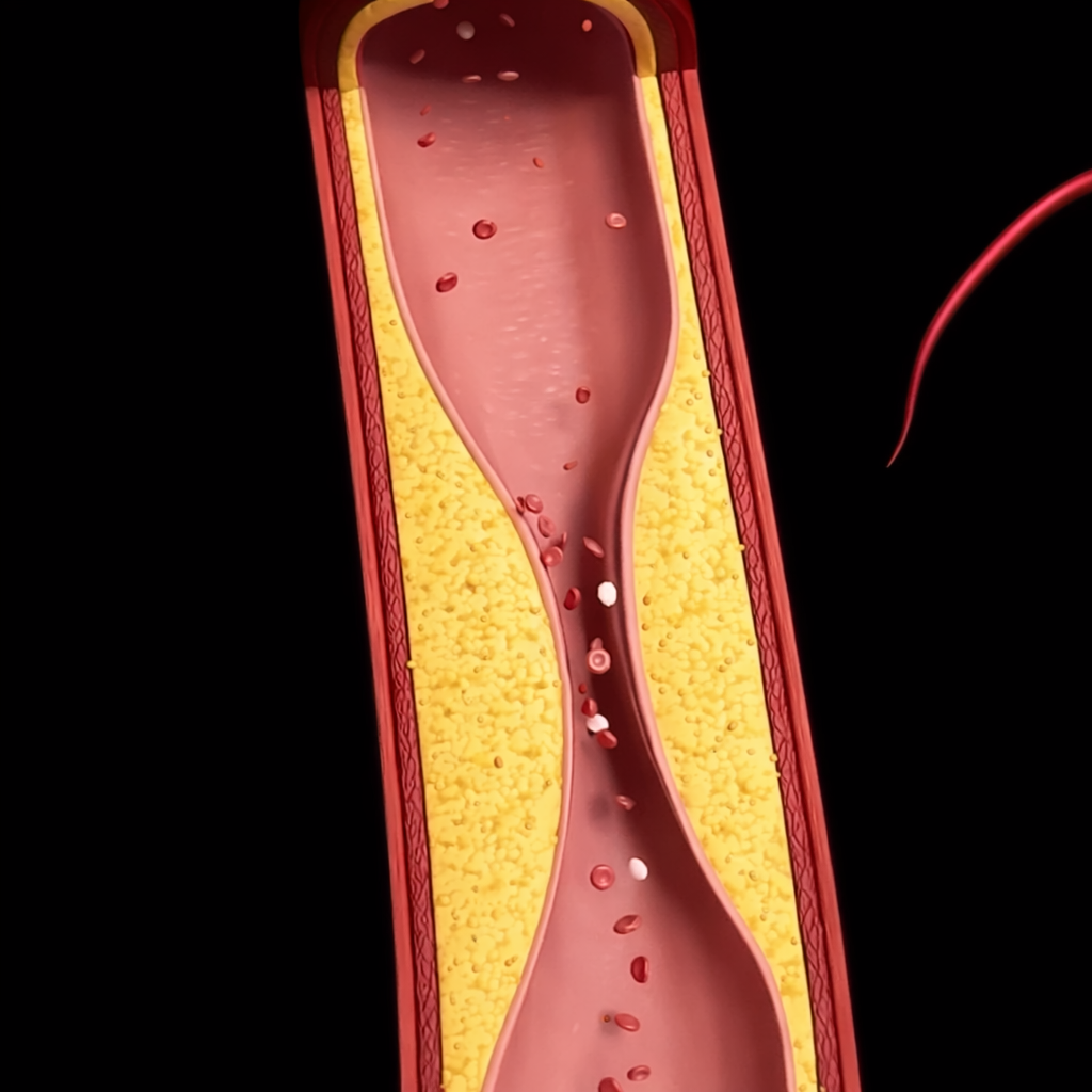 A medical illustration showing plaque buildup and red blood cells inside an artery.