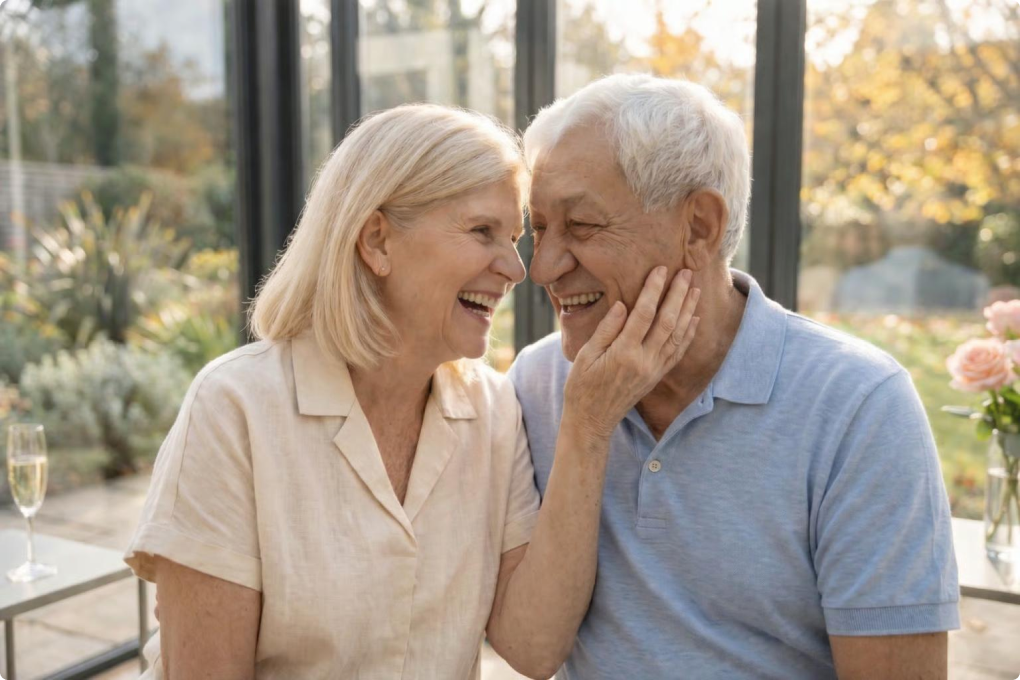 An older couple smiles affectionately at each other while the woman gently touches the man's cheek.