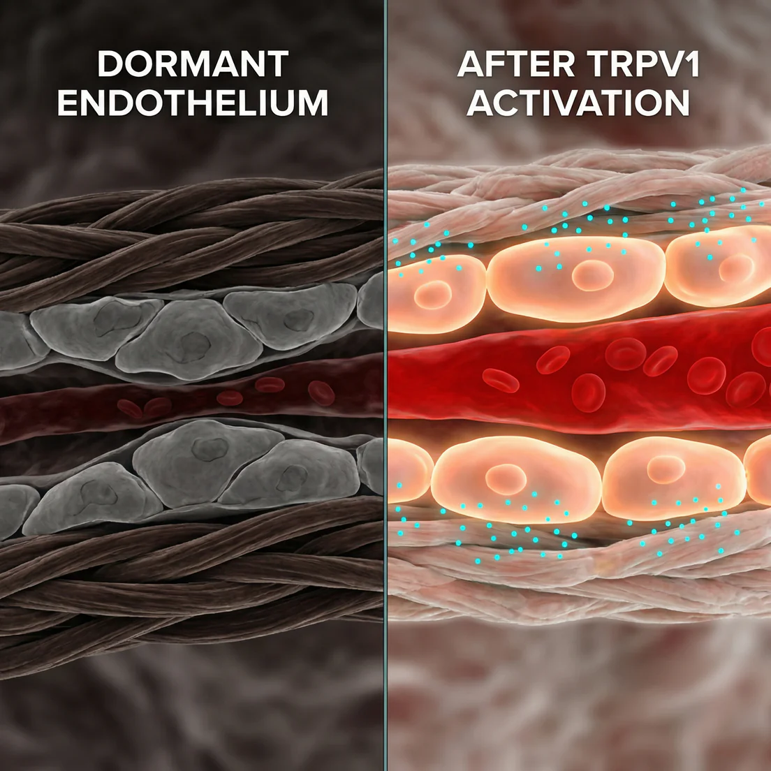 A before-and-after medical illustration showing dormant endothelium becoming activated, with increased blood flow and cellular activity.