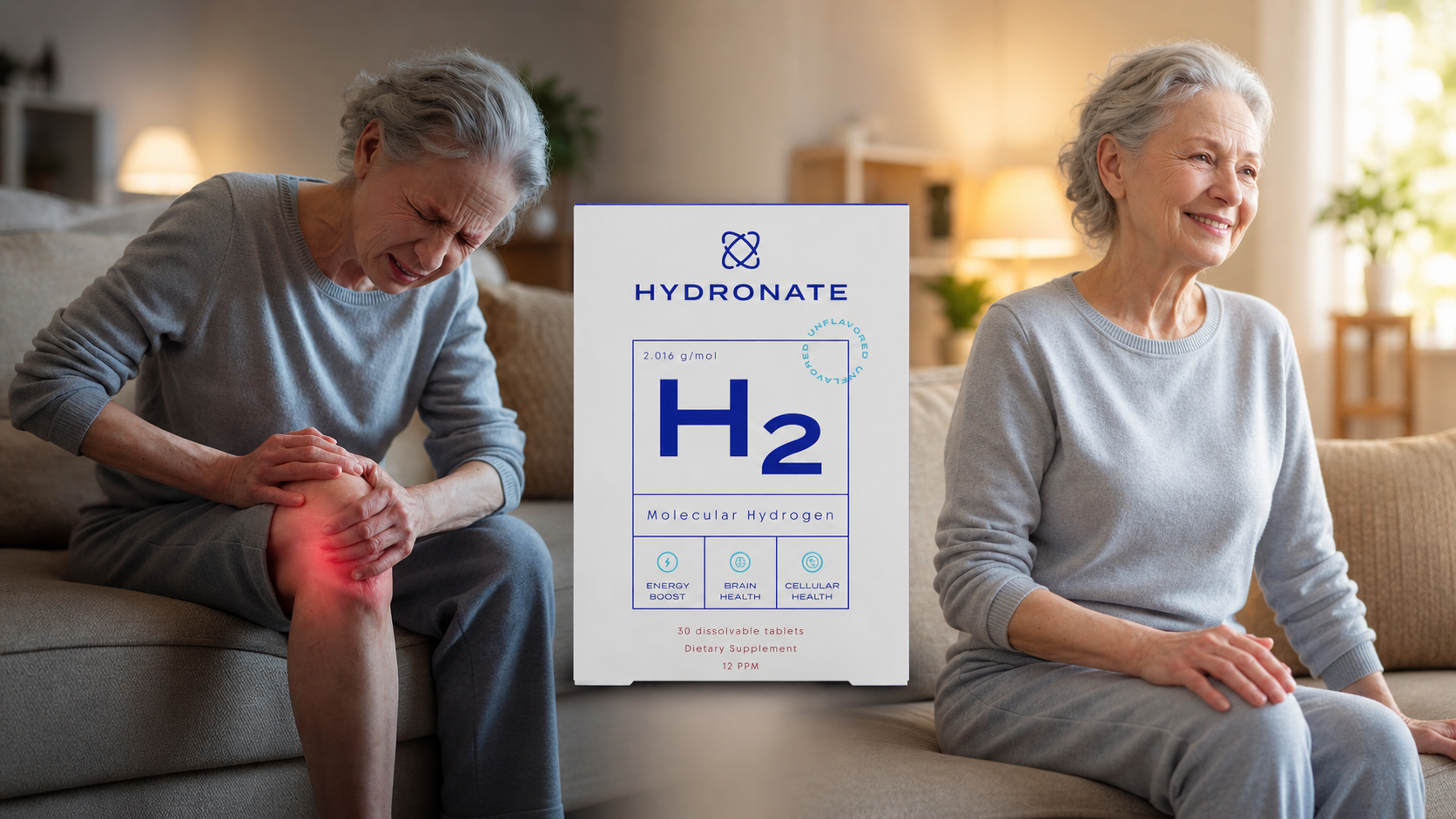 A split image of an older woman in pain on the left and smiling on the right, with a product box in the center.
