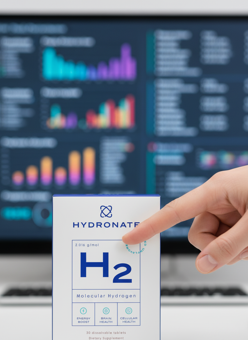 Box labeled 'Hydronate H2' with a finger pointing, blurred charts in background.