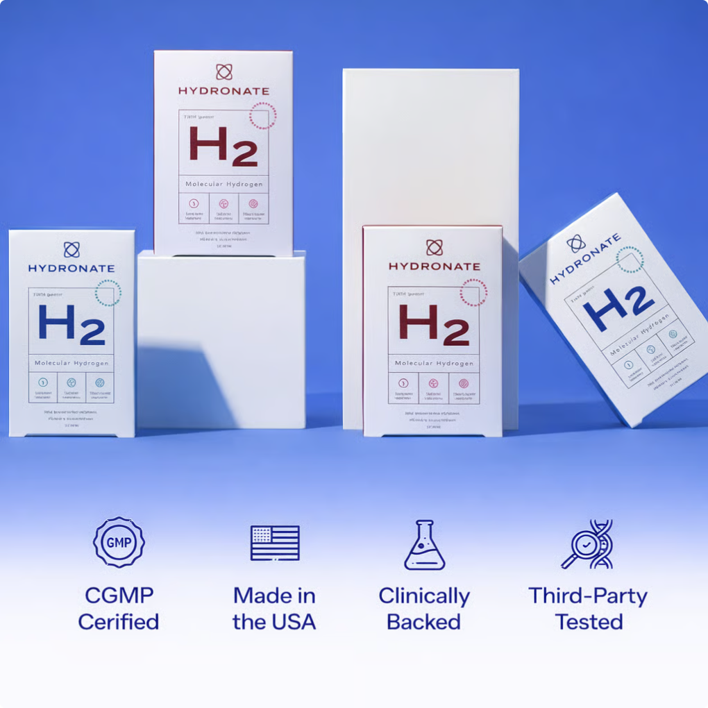 Boxes of Hydronate H2 Molecular Hydrogen supplement displayed with icons highlighting certifications like 'Made in the USA'.