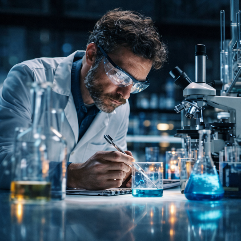 A male scientist in a lab coat and safety glasses works at a bench with a microscope and beakers.