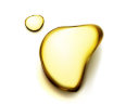 A large and a small drop of golden yellow oil on a white background.