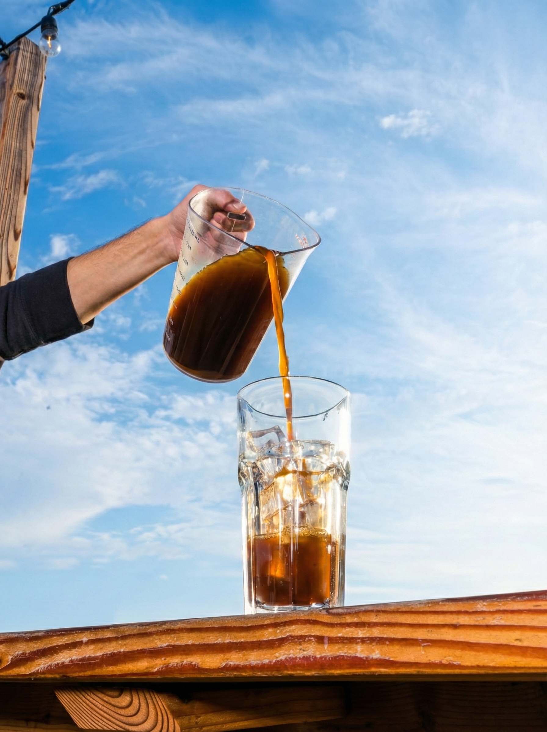A person pours a dark liquid from a measuring pitcher into a glass with ice against a blue sky.