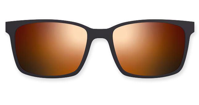 Black sunglasses with orange-tinted lenses on a white background.