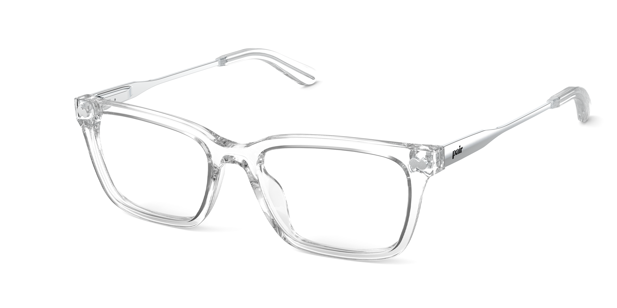 Clear rectangular eyeglasses with transparent frames on a white background.