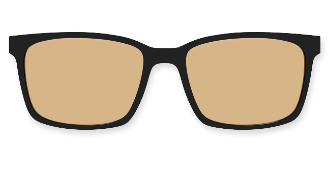 Black sunglasses with orange lenses on a transparent background.