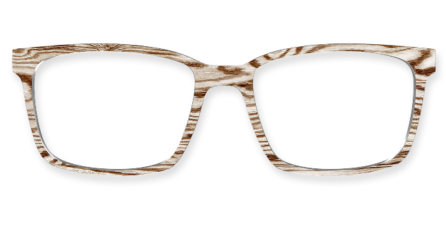 Wooden textured eyeglass frames on a transparent background.