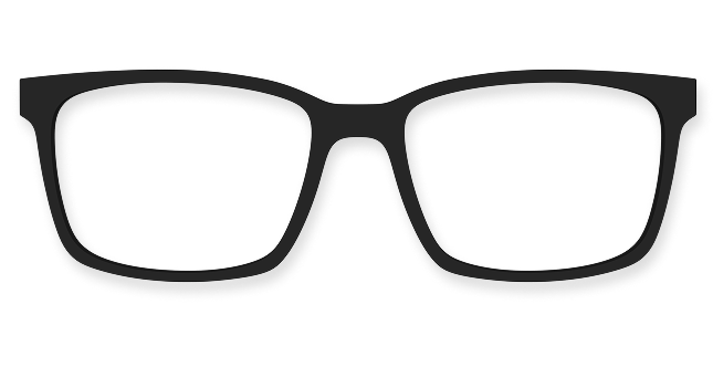 Black rectangular eyeglass frames on a transparent background.