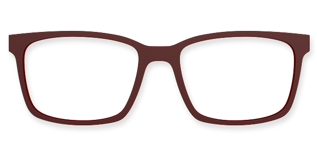 Illustration of brown rectangular eyeglass frames on a transparent background.