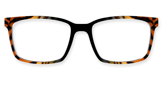 Tortoiseshell rectangular eyeglass frames on a transparent background.