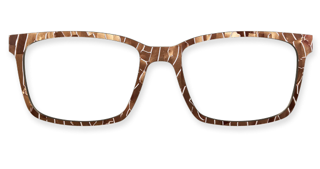 Brown eyeglass frames with a giraffe pattern on a transparent background.