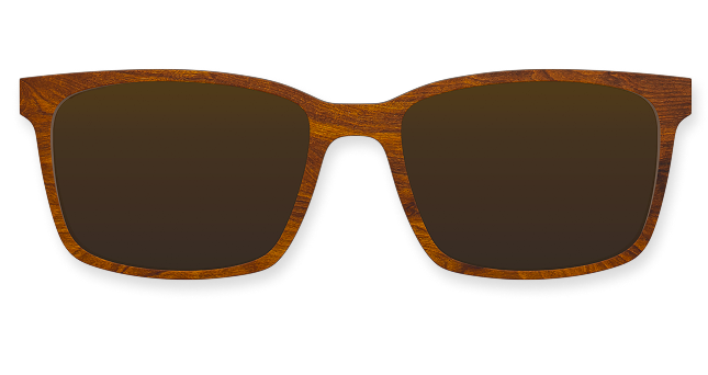 Wooden-framed sunglasses with dark lenses on a white background.