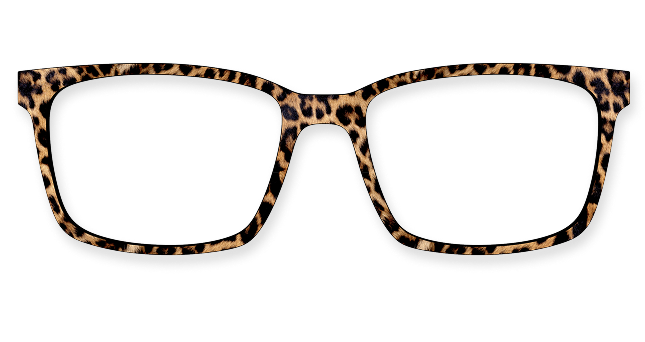 Leopard print eyeglass frames on a transparent background.